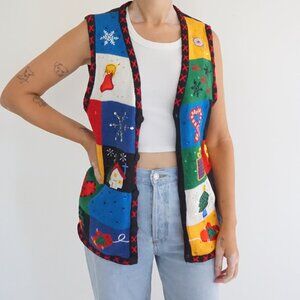 Vintage Basic Editions Black Snowflake House Candy Cane Patchwork Holiday Vest L